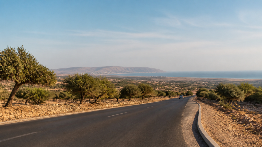 Route du Souss vers la côte d’Agadir entre arganiers et reliefs
