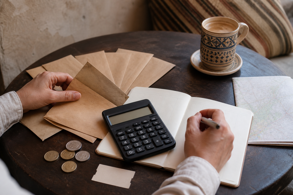 Carnet, calculatrice et enveloppes servant à organiser un budget de voyage au Maroc