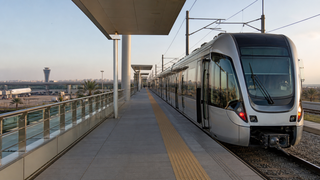Train moderne sans marque sur le quai ferroviaire de l’aéroport Mohammed V