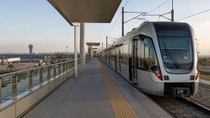 Train moderne sans marque sur le quai ferroviaire de l’aéroport Mohammed V
