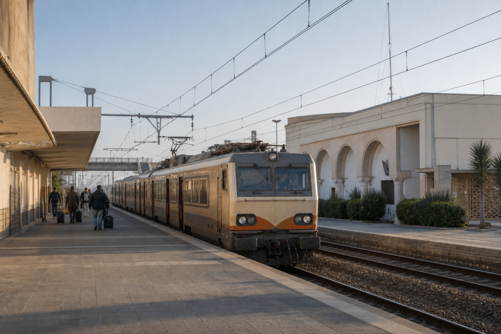 Train régional à quai dans une gare marocaine sur le corridor Casablanca–El Jadida