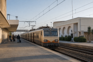 Train régional à quai dans une gare marocaine sur le corridor Casablanca–El Jadida