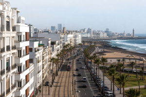 Casablanca boulevard connecting Art Deco facades, the tramway and Atlantic waterfront