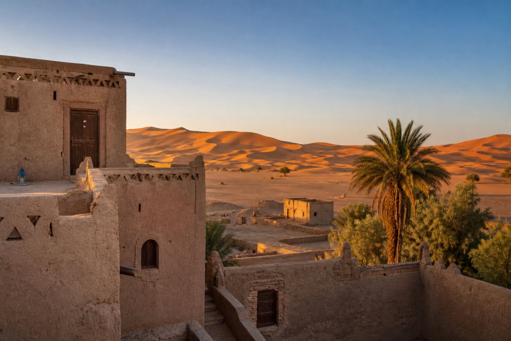 Maison de terre et palmiers devant les dunes de l’Erg Chebbi près de Merzouga