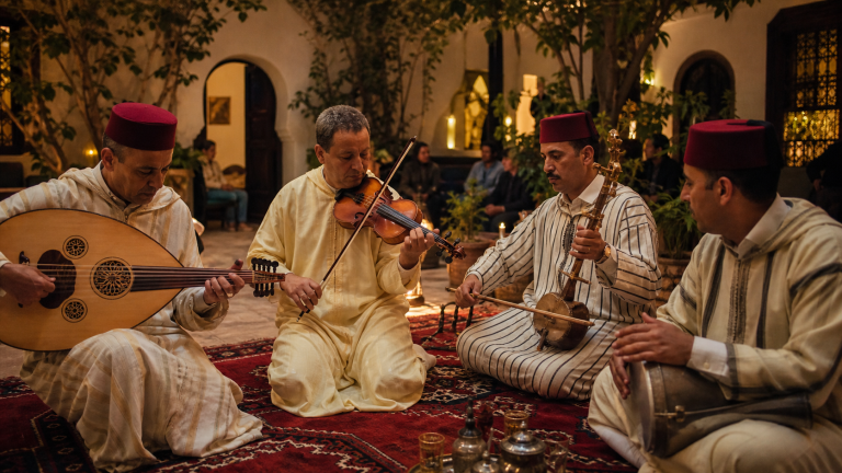 Ensemble de musiciens interprétant le Malhoun dans une cour de riad