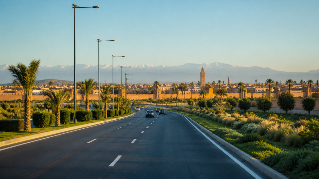 Route d’arrivée vers Marrakech avec remparts, palmiers et Atlas à l’horizon