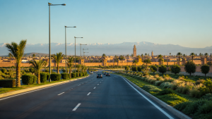 Route d’arrivée vers Marrakech avec remparts, palmiers et Atlas à l’horizon