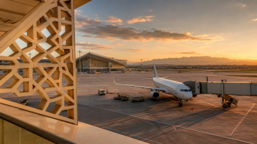 Avion de ligne sans marque sur le tarmac d’un aéroport marocain au coucher du soleil
