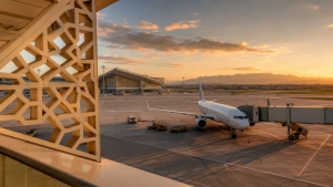 Unbranded passenger aircraft at a Moroccan airport during sunset