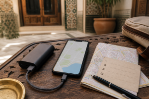 Téléphone avec carte hors ligne, batterie externe et fiche de contacts sur une table de riad