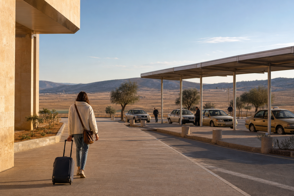 Traveller leaving a terminal toward a taxi area in the dry landscape of eastern Morocco