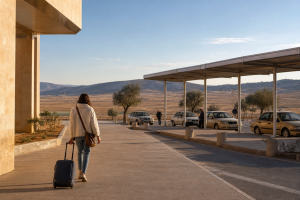 Traveller leaving a terminal toward a taxi area in the dry landscape of eastern Morocco
