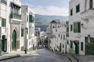 Rue blanche et verte de Tétouan ouverte sur les reliefs du Rif