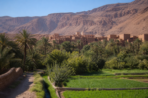 Palmeraie de Tinghir et villages de terre sous les montagnes