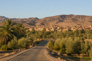 Oasis et ville de Zagora au pied de reliefs arides