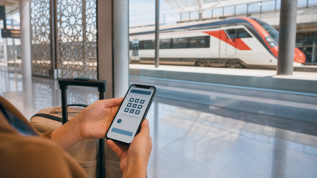 Voyageur consultant un billet électronique dans une gare ferroviaire marocaine moderne