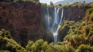Cascades d’Ouzoud entourées de falaises rouges et de végétation dans le Haut Atlas