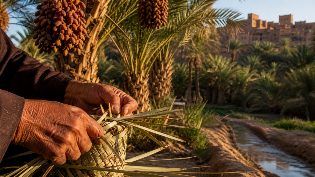 Artisan tressant des palmes dans une oasis marocaine plantée de palmiers dattiers