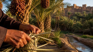 Artisan tressant des palmes dans une oasis marocaine plantée de palmiers dattiers
