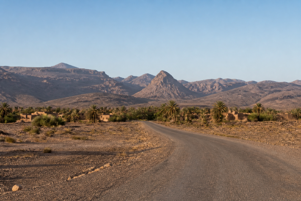 Route dans un paysage présaharien évoquant les environs de Foum Zguid, illustration générée par MOP
