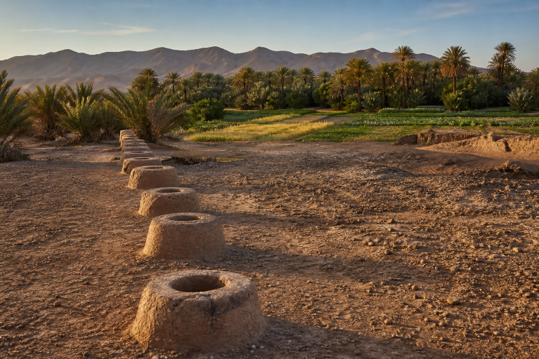 Alignement illustratif de puits de khettara conduisant vers une palmeraie marocaine, image générée par MOP