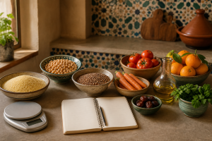 Moroccan ingredients arranged for nutritional documentation, an original MOP-generated illustration