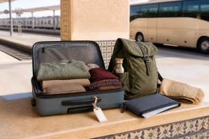 Valise et sac à dos préparés pour un trajet en train ou autocar au Maroc, illustration originale MOP