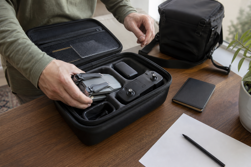 Drone compact rangé dans une valise de voyage avec documents de contrôle, illustration originale MOP
