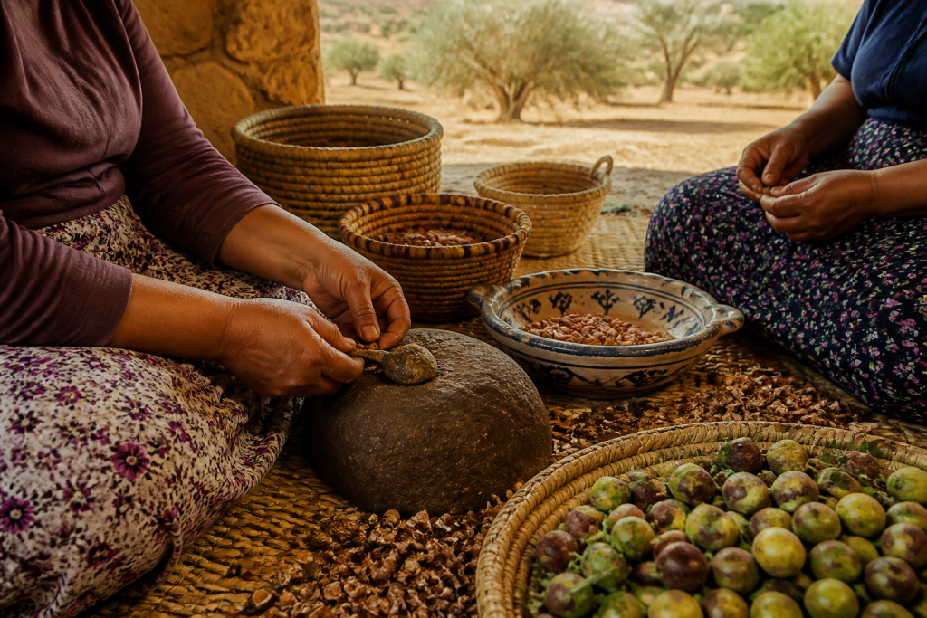 Préparation manuelle de noix d’argan dans une coopérative du sud-ouest marocain, illustration originale MOP