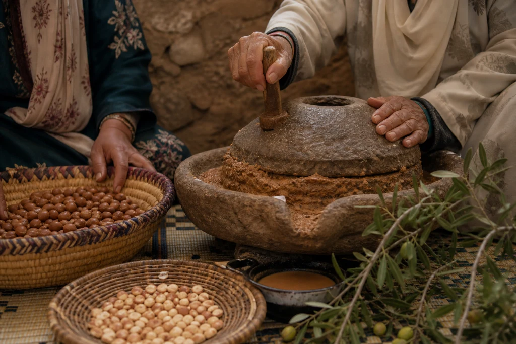 Mains utilisant un moulin traditionnel pour travailler les amandons d’argan, illustration originale MOP