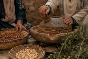 Mains utilisant un moulin traditionnel pour travailler les amandons d’argan, illustration originale MOP