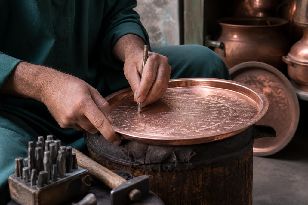 Artisan ciselant à la main un grand plateau en cuivre dans un atelier marocain, illustration originale MOP