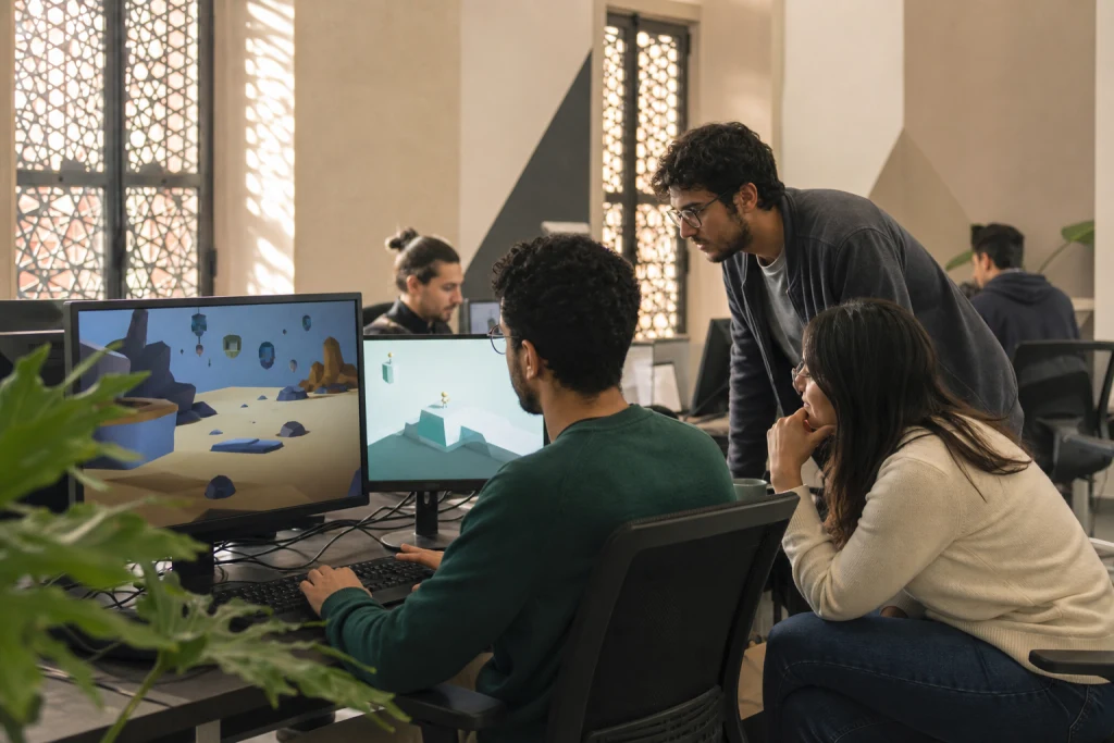 Équipe marocaine travaillant sur un jeu vidéo dans un studio lumineux, illustration originale MOP