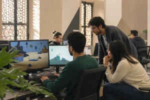 Équipe marocaine travaillant sur un jeu vidéo dans un studio lumineux, illustration originale MOP
