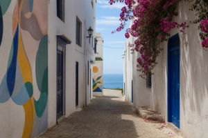Rue blanche et portes bleues de la médina d’Asilah face à l’Atlantique