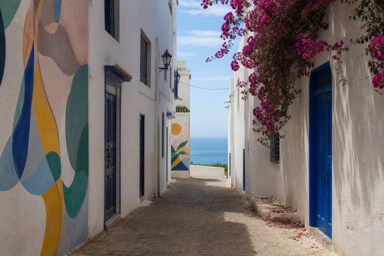 Rue blanche et portes bleues de la médina d’Asilah face à l’Atlantique