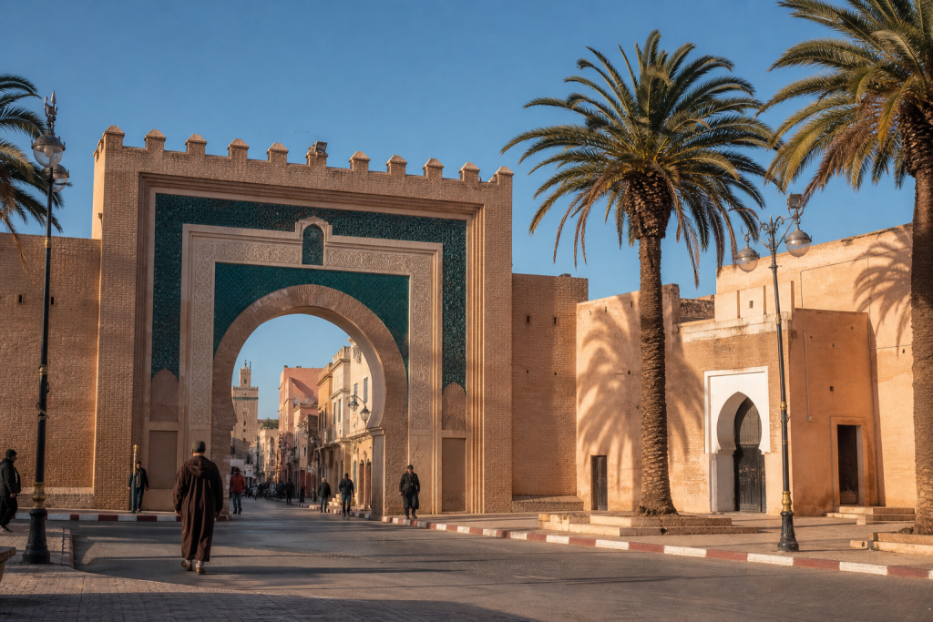 Porte monumentale et palmiers à l’entrée de la médina d’Oujda