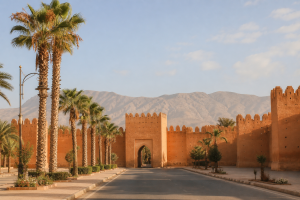 Remparts ocre de Taroudant et palmiers face aux reliefs du Souss