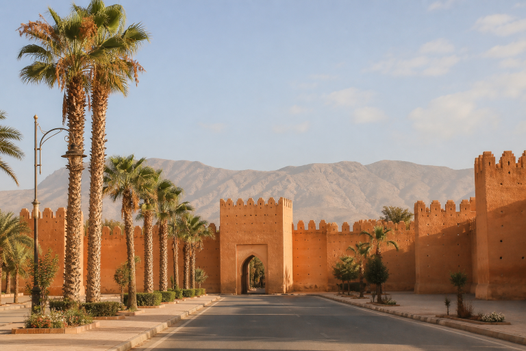 Remparts ocre de Taroudant et palmiers face aux reliefs du Souss