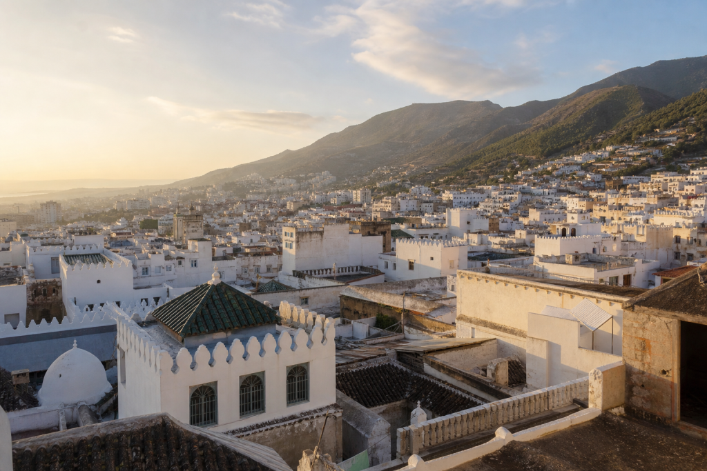 Médina blanche de Tétouan et contreforts du Rif dans la lumière du matin