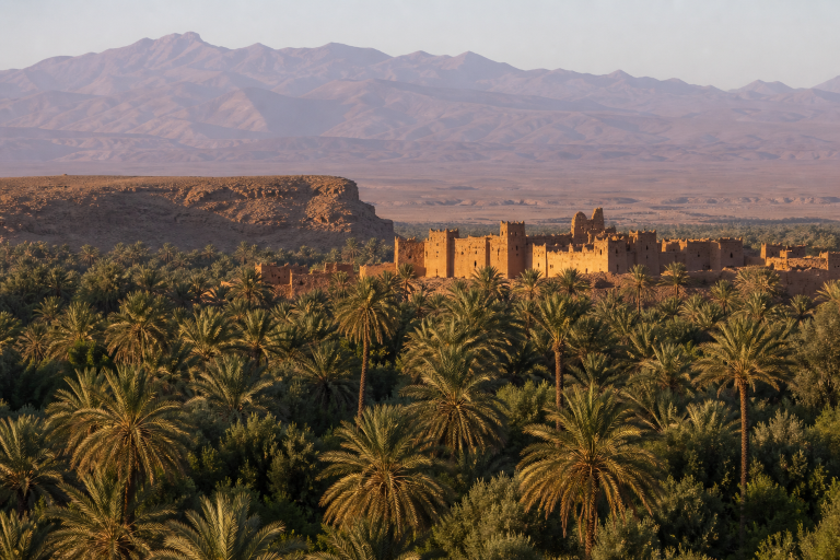 Palmeraie de la vallée du Drâa, kasbah en terre et montagnes près de Zagora