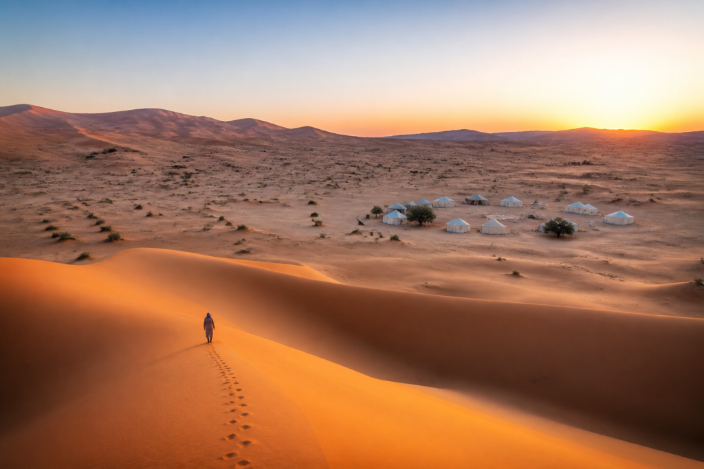 Dunes dʼErg Chebbi et camp discret au lever du jour
