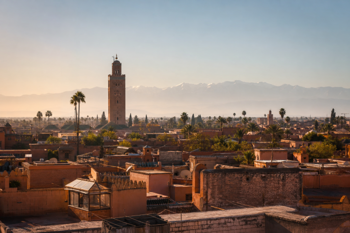 Médina de Marrakech, Koutoubia et Atlas au lever du jour