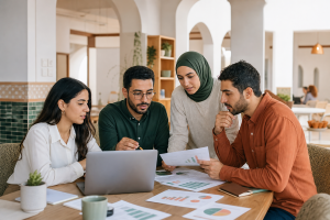 Young Moroccan professionals reviewing employment data in a bright workspace