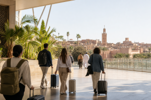 Voyageurs arrivant dans une ville marocaine entre architecture contemporaine et patrimoine urbain