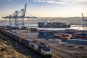 Port marocain moderne avec conteneurs, train de fret et navire au lever du jour