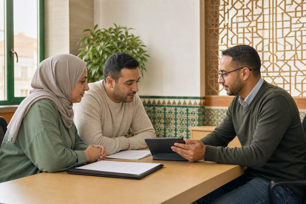 Famille marocaine échangeant avec une conseillère devant un dossier de services sociaux