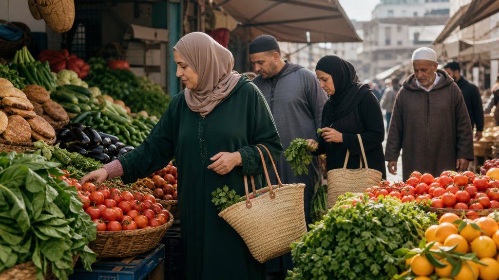Shoppers choosing fresh produce in a Moroccan market in the morning sun