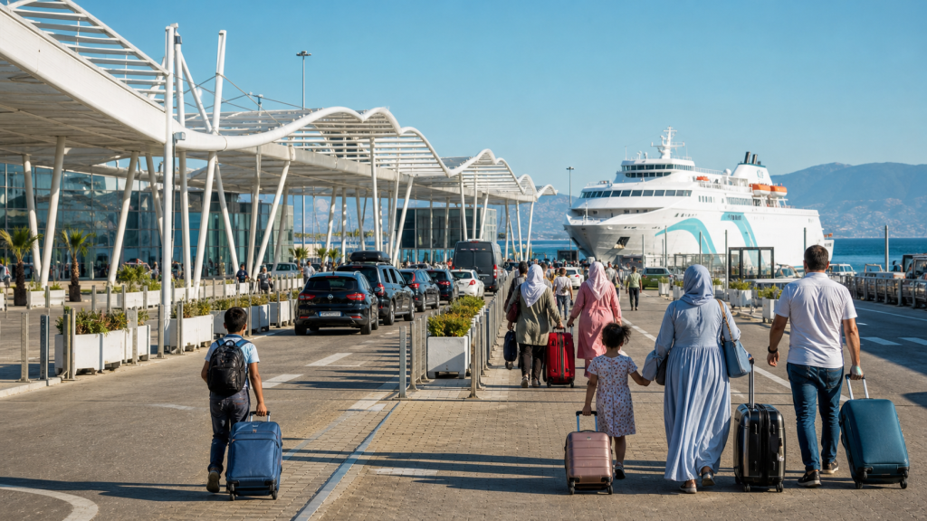 Familles avec bagages se dirigeant vers un ferry dans un terminal passagers méditerranéen moderne