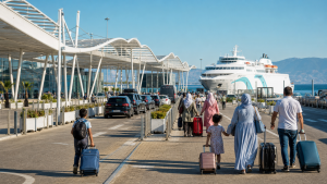 Familles avec bagages se dirigeant vers un ferry dans un terminal passagers méditerranéen moderne